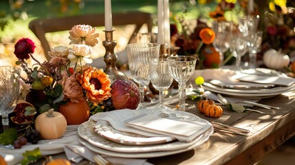 A table with a beautiful floral centerpiece and a variety of fruit