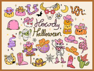 Cowboy Hallowween retro groovy Howdy western sticker element set doodle drawing