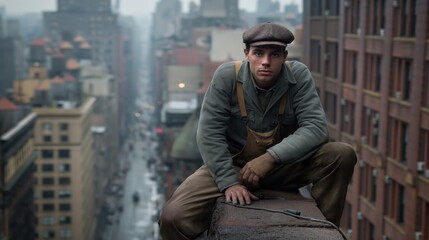 Fototapeta premium A young man in work attire perches on the ledge of a rooftop, gazing thoughtfully at the bustling New York street below, shrouded in early morning rain