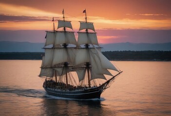 A majestic sailboat floats in the ocean at sunset on the horizon