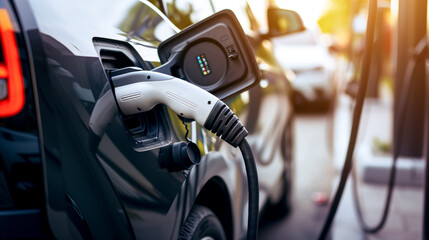 Obraz premium Electric Car Charging Close-up: Modern Mobility and Eco-Friendly Technology in Action