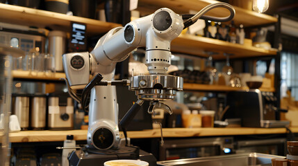 Fototapeta premium A barista robot in the form of an automatic manipulator arm prepares coffee. AI Generated
