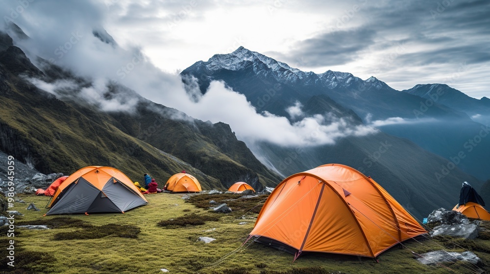 Wall mural camping tents on a mountainside