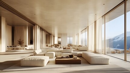 Large luxury modern living room interior mockup, bright and spacious with contemporary furnishings and expansive windows.