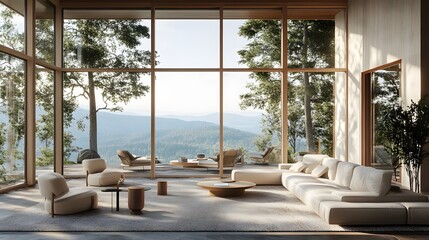 Large luxury modern living room interior mockup, bright and spacious with contemporary furnishings and expansive windows.