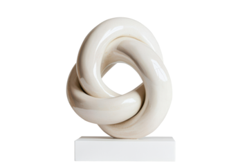 Glossy knot sculpture with a circular design. The sculpture features a highly polished surface and intricate, intertwined loops creating elegant aesthetic. Isolated on transparent background, png.
