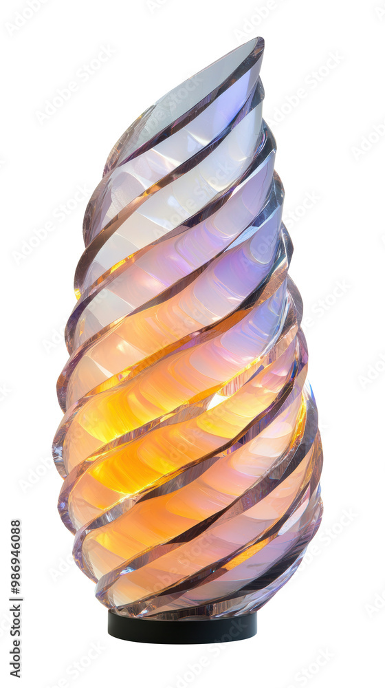Poster spiral glass sculpture with an iridescent glow. feature translucent layers and vibrant lighting effe