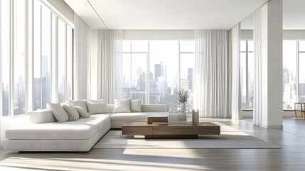 Large luxury modern living room interior mockup, bright and spacious with contemporary furnishings and expansive windows.