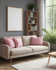 Modern Living Room Interior Design with Beige Sofa and Pink Pillows