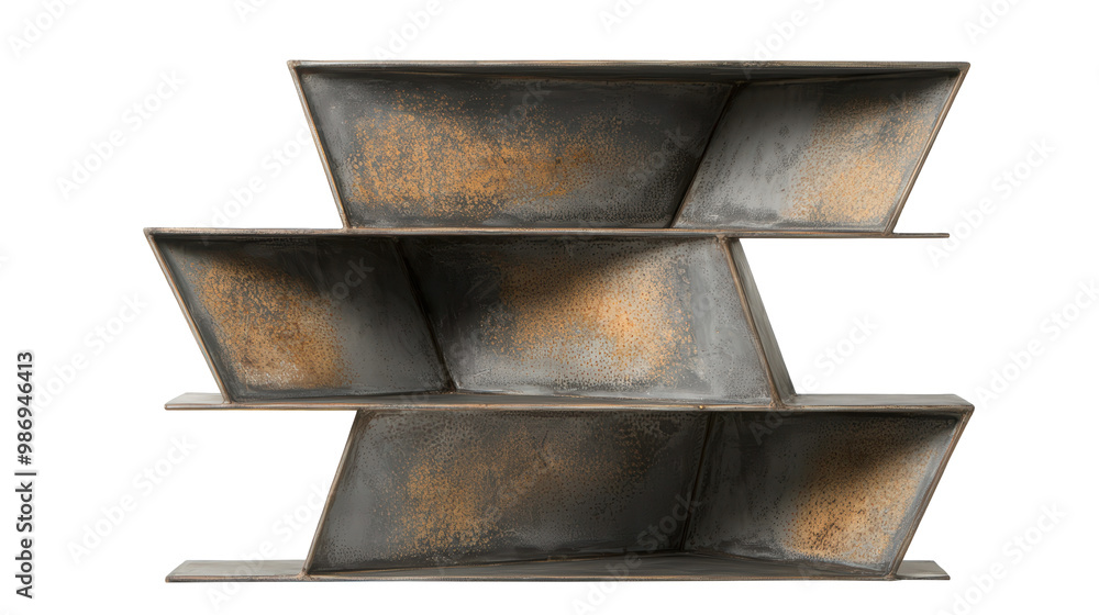 Aufkleber rustic metal shelf with diagonal compartments. shelf features a weathered texture and a unique layou