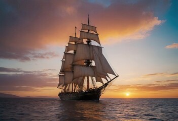 Obraz premium A majestic sailboat floats in the ocean at sunset on the horizon