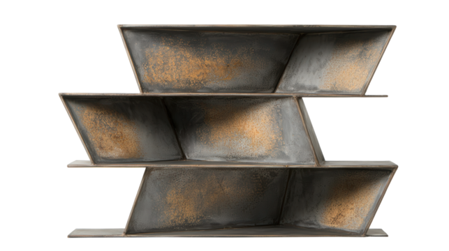 Rustic metal shelf with diagonal compartments. Shelf features a weathered texture and a unique layout, combining industrial design with a vintage aesthetic. Isolated on transparent background, png.