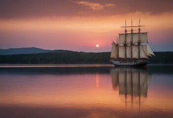 A majestic sailboat floats in the ocean at sunset on the horizon