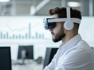 A man wearing a VR headset and headphones is focused on a screen with graphs, suggesting immersive technology and data analysis.