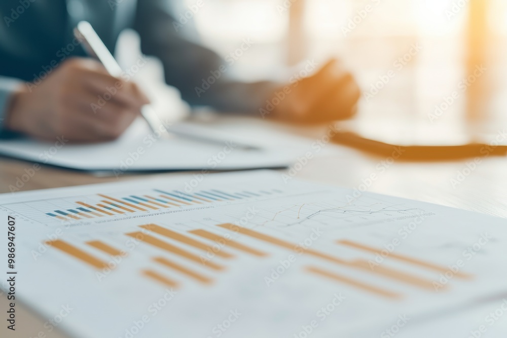 Poster a person analyzes charts and graphs while taking notes, surrounded by business materials in a bright