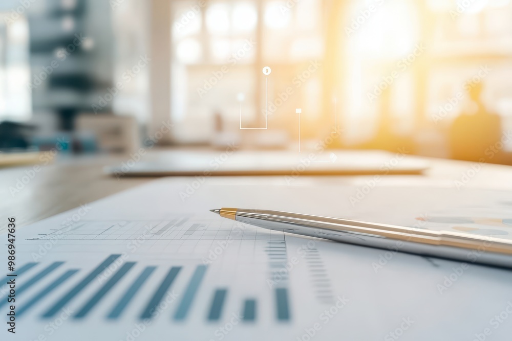 Poster a focused view of a pen on paper with graphs, capturing a productive work environment infused with n