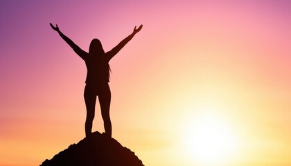 Fototapeta premium A silhouette of a woman celebrating on a mountain peak at sunset, symbolizing freedom and achievement.