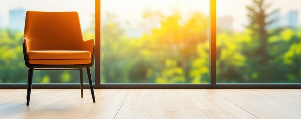 A stylish orange chair near a large window with sunlight streaming in, creating a cozy and inviting atmosphere.