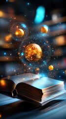 Magical library with floating books, glowing orbs, and mystical symbols