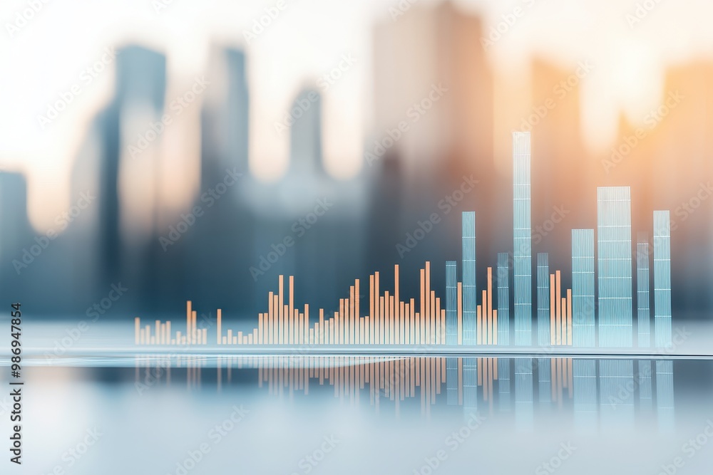 Poster a futuristic city skyline depicted with translucent bars representing data visualizations against a 