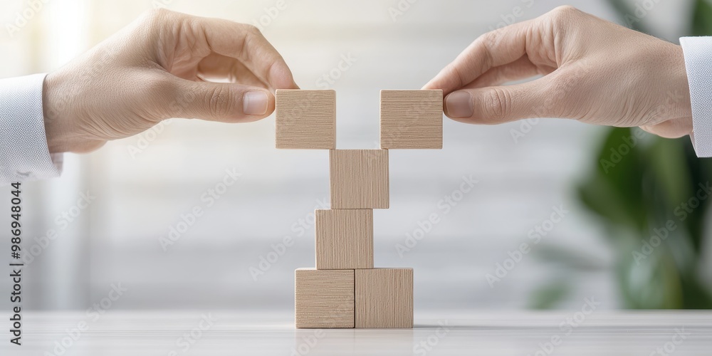 Poster two hands connect wooden blocks to create a unique structure, symbolizing teamwork and creativity in