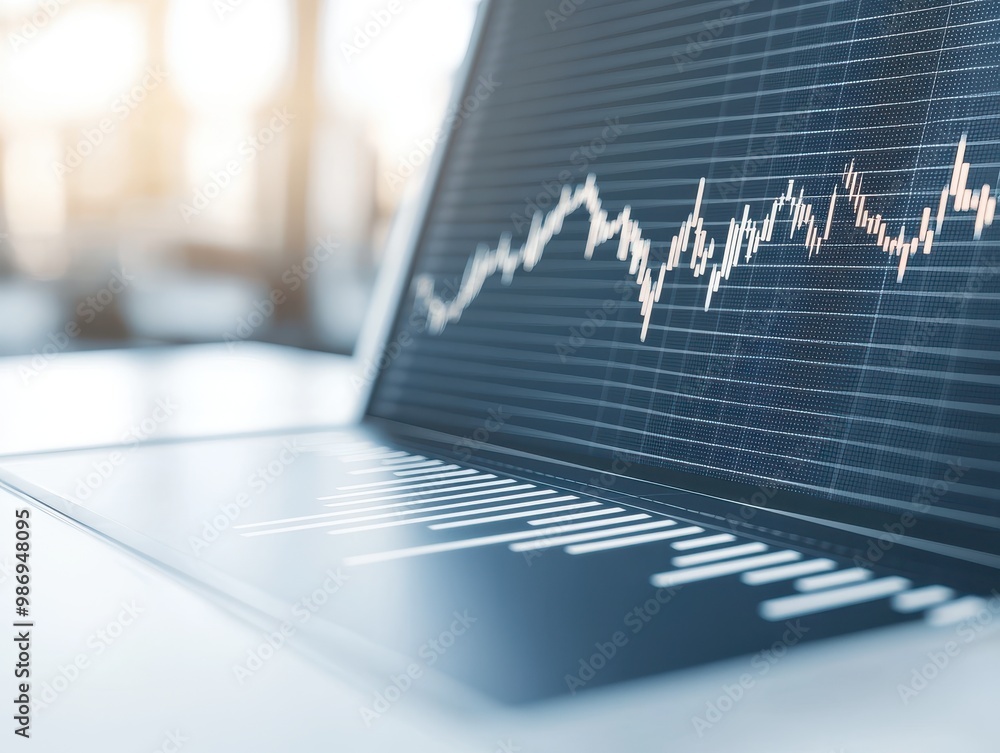Poster a close-up of a laptop screen displaying data trends, illustrating financial analysis with a graph s