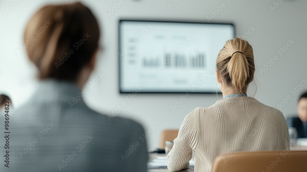 Poster a group of professionals engaged in a meeting, focusing on a presentation displayed on a screen, hig