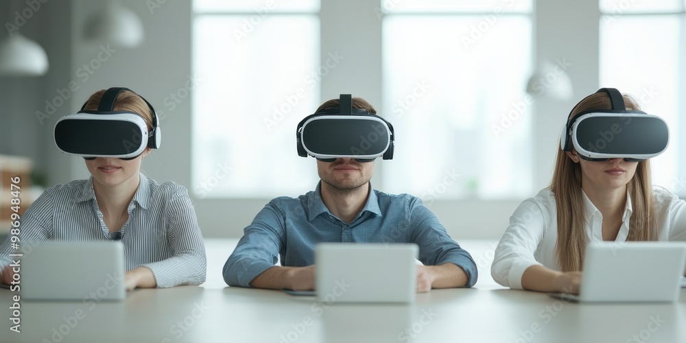 Poster three individuals wearing vr headsets are engaged in a virtual experience while using laptops at a m
