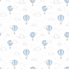 Beautiful seamless pattern with hand drawn air balloons and clouds. Stock illustration. Ready print design.