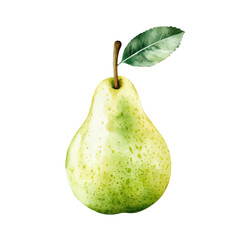 Fresh Green Pear with Leaf on White Background