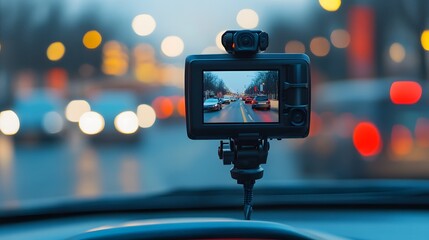 Modern car camcorder recording traffic situations, mounted on a dashboard with a clear view of the road through the windshield.