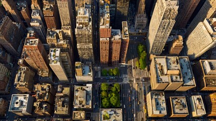 Fototapeta premium A bird's-eye view of Manhattan’s grid layout, with busy streets and avenues lined with high-rise buildings, yellow taxis, and the hustle and bustle of New York life 