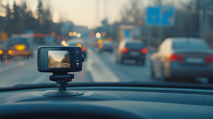 Modern car camcorder recording traffic situations, mounted on a dashboard with a clear view of the road through the windshield.