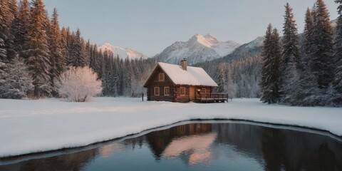 Obraz premium A quaint log cabin is situated on the snowy shore of a serene lake