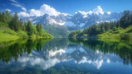 Fototapeta premium A stunning image of a crystal-clear lake nestled in a secluded mountain range, surrounded by dense pine forests and snow-capped peaks. The tranquil waters perfectly reflect the surrounding landscape,