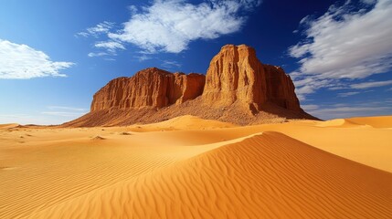 Naklejka premium An expansive desert landscape with rolling sand dunes stretching as far as the eye can see. The warm, golden hues of the sand are contrasted by the deep blue sky, while a solitary, wind-carved rock
