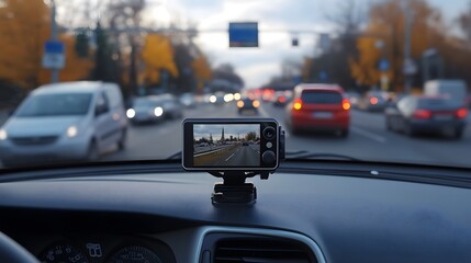 Modern car camcorder recording traffic situations, mounted on a dashboard with a clear view of the road through the windshield.