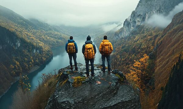 Three Hikers on Mountaintop Overlooking Lake