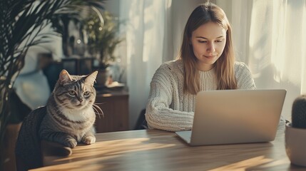 Fototapeta premium Cat portrait on the dining table at home, with the woman using a laptop 
