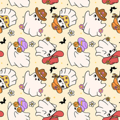 Retro Cowboy Halloween ghost Seamless Pattern Howdy Western Doodle isolated on background.