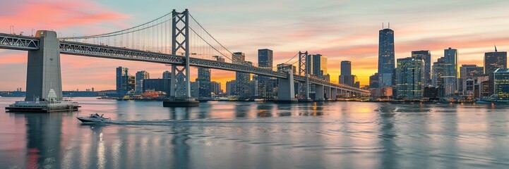 Fototapeta premium A picturesque evening view of a city skyline, dominated by a large suspension bridge that spans across a body