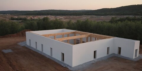 Fototapeta premium A large white building with wooden beams is surrounded by trees