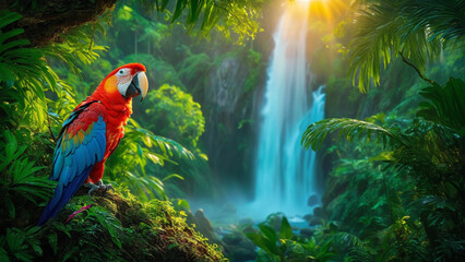Colorful Bird in a Stunning Natural Landscape with Waterfall