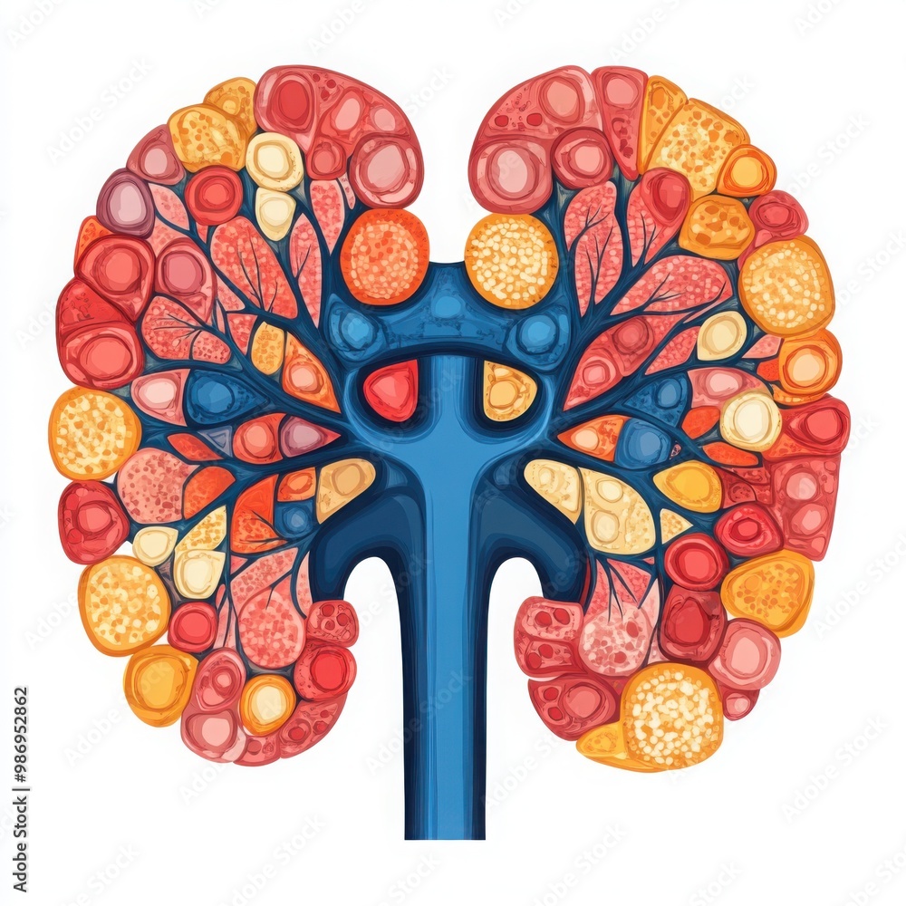 Poster a colorful illustration of a kidney's anatomy, showcasing its internal structure with various cell t