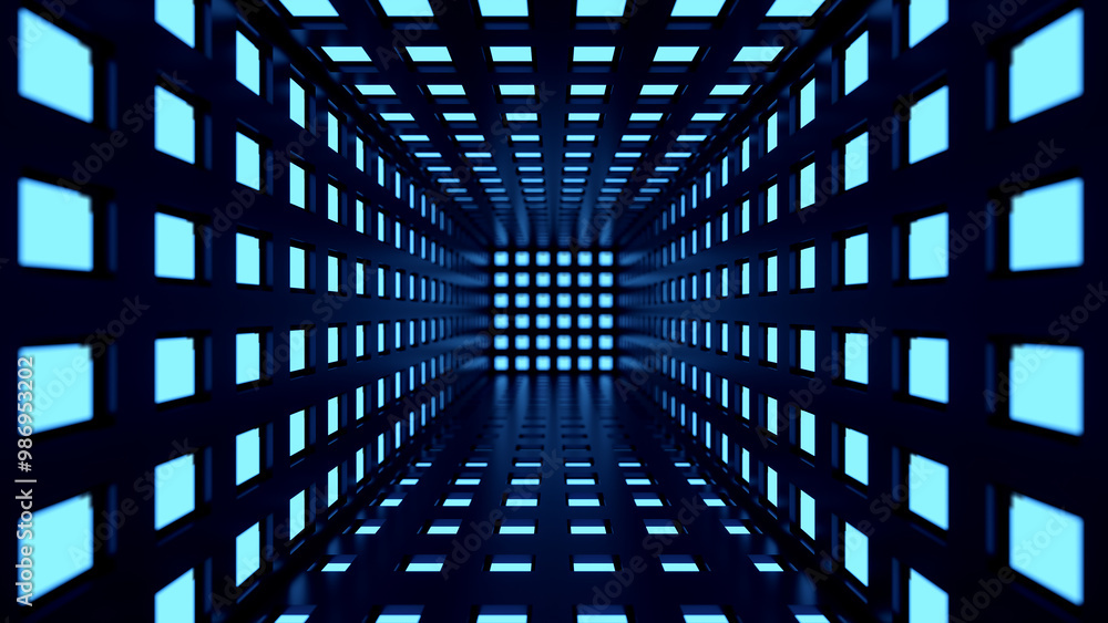 Poster futuristic tunnel with neon cells. processors storing security data. corridor of scientific technolo