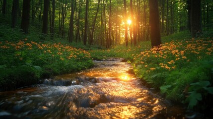 Obraz premium A picturesque photograph of a hidden, unspoiled forest clearing with a gently flowing stream and vibrant wildflowers. The sunlight filtering through the dense canopy creates a warm, golden light that
