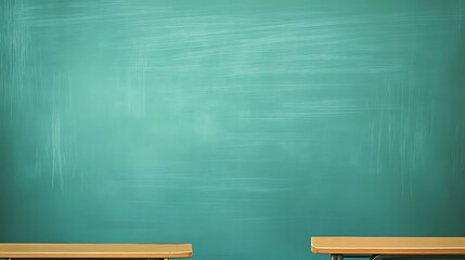 A blank green chalkboard with two empty wooden desks in front of it.