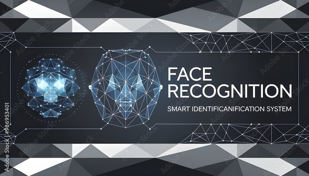 Poster face recognition low poly wireframe banner vector template. futuristic computer technology, smart id