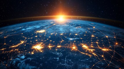 Global Network Connections with City Lights at Sunrise