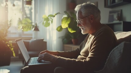 Close-up of a grey-haired man typing on a laptop while sitting in a bright, modern living room.